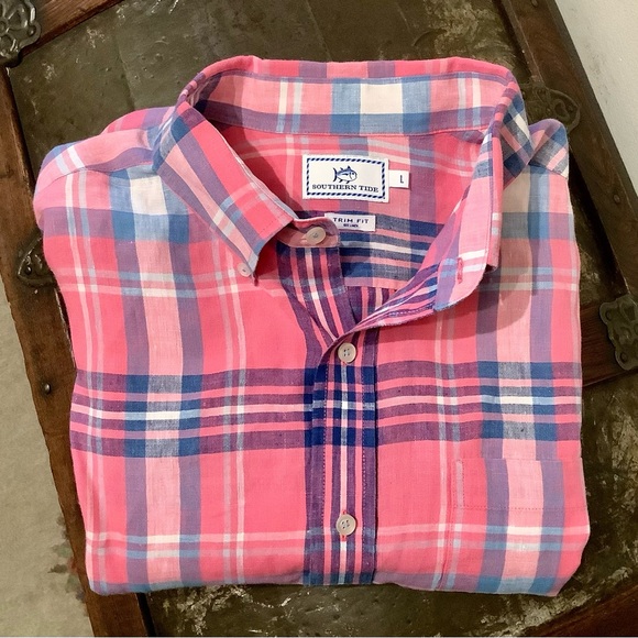 Southern Tide TRIM FIT Linen Button Down Pink Plaid Shirt Sz L - Picture 1 of 3